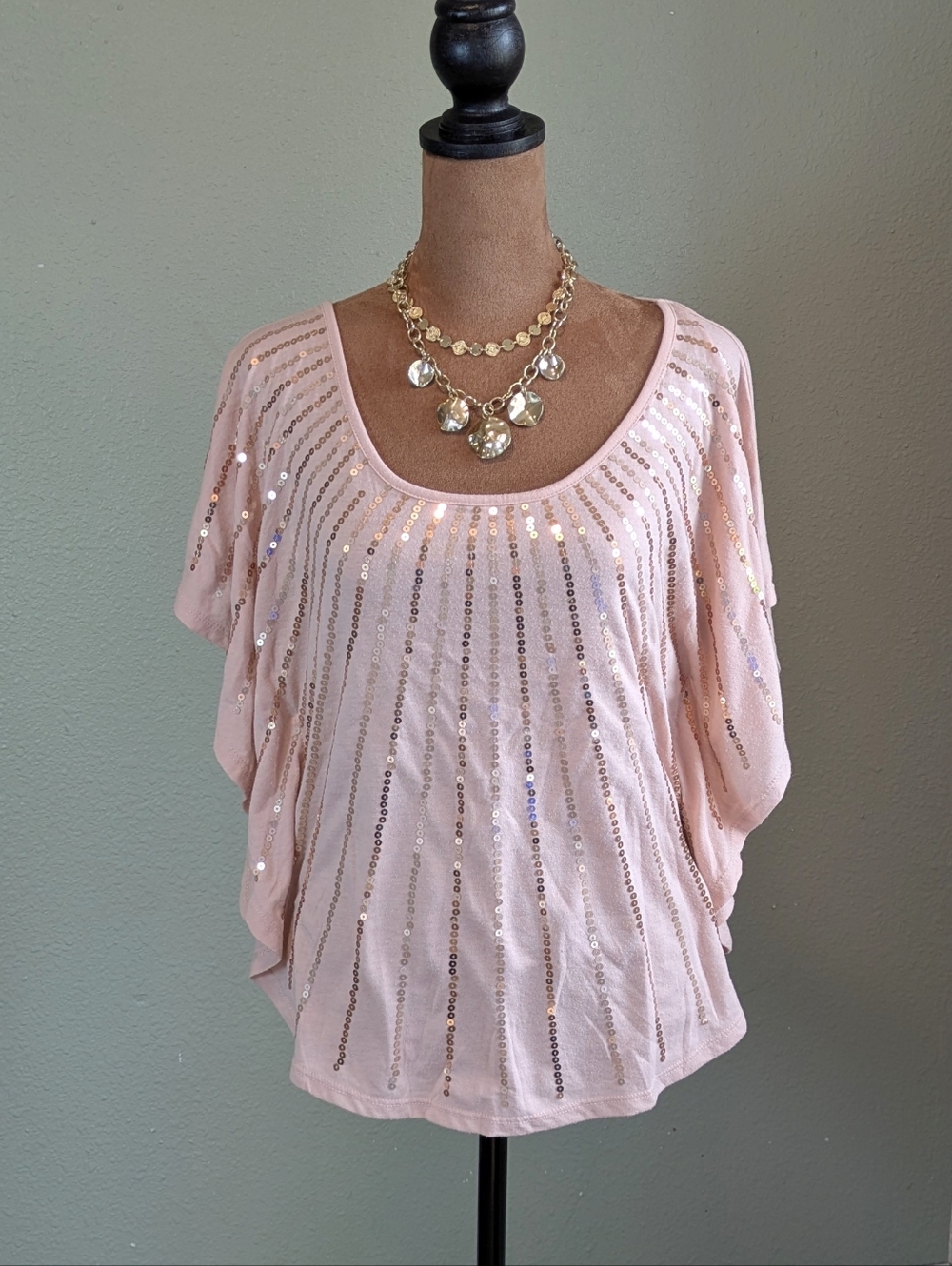 Vintage Y2K No Boundaries Pink Sequin Bat Wing Flutter Sleeve Top